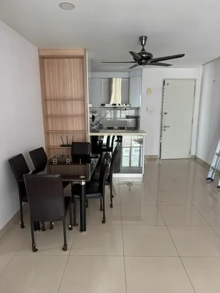 Dining features: 6-seater dining table, black upholstered dining chairs, polished ceramic tile flooring, white painted walls, ceiling fan, built-in wooden shelving, open kitchen layout, glass sliding door, natural light from window; style: modern. Kitchen features: stainless-steel appliances, kitchen island, white cabinetry, glass backsplash; style: modern.