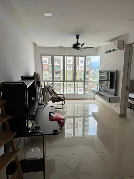 Living features: white painted walls, glossy ceramic tile flooring, 5-blade ceiling fan with light, wall-mounted TV, TV console, large floor-to-ceiling windows, air conditioning unit, wooden shelving unit, sofa, decorative items on shelves; style: modern; view: city.