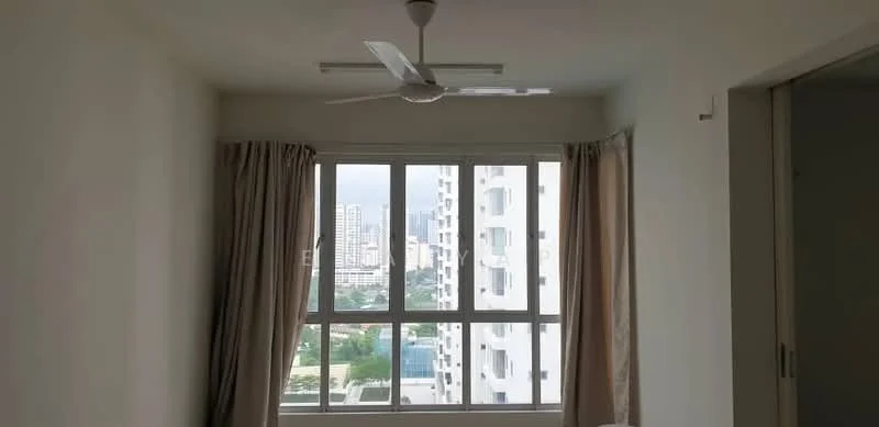 Room features: white painted walls, ceiling fan, floor-to-ceiling windows, curtains, city view; style: modern; view: city.