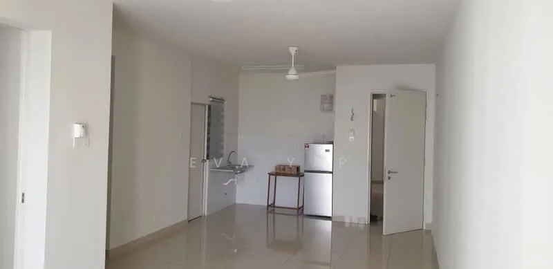 Room features: white painted walls, glossy tile flooring, ceiling fan, refrigerator, kitchen sink, open layout, door leading to another room, door leading to bathroom, natural light from windows; style: modern.