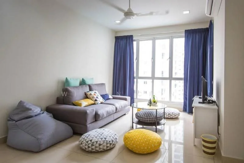 Living features: grey fabric sofa, coffee table with glass top, bean bag chair in blue, decorative cushions in various colors, floor-to-ceiling windows, blue curtains, wall-mounted TV, light-colored walls, recessed ceiling lights, polished tile flooring, ceiling fan; style: modern; view: city.