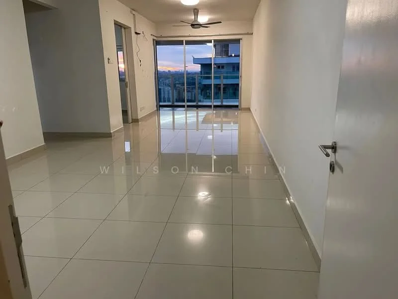 Living features: white painted walls, glossy ceramic tile flooring, 5-blade ceiling fan with light, floor-to-ceiling windows, sliding glass door, city view, neutral color scheme, open layout; style: modern; view: city.