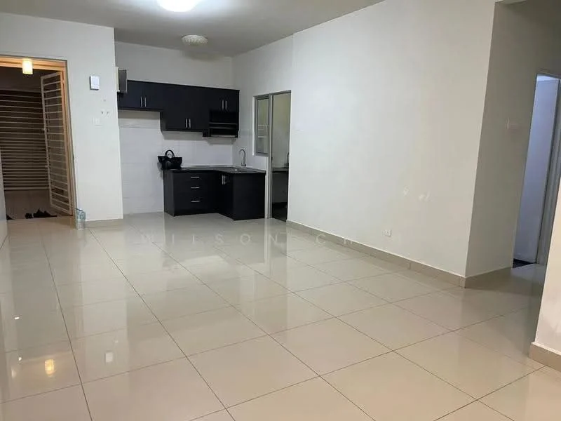 Living features: white painted walls, glossy ceramic tile flooring, recessed ceiling lights, kitchenette with black cabinetry, stainless-steel sink, chrome pull-down faucet, white backsplash, open layout, large window, doorway to other rooms; style: modern.