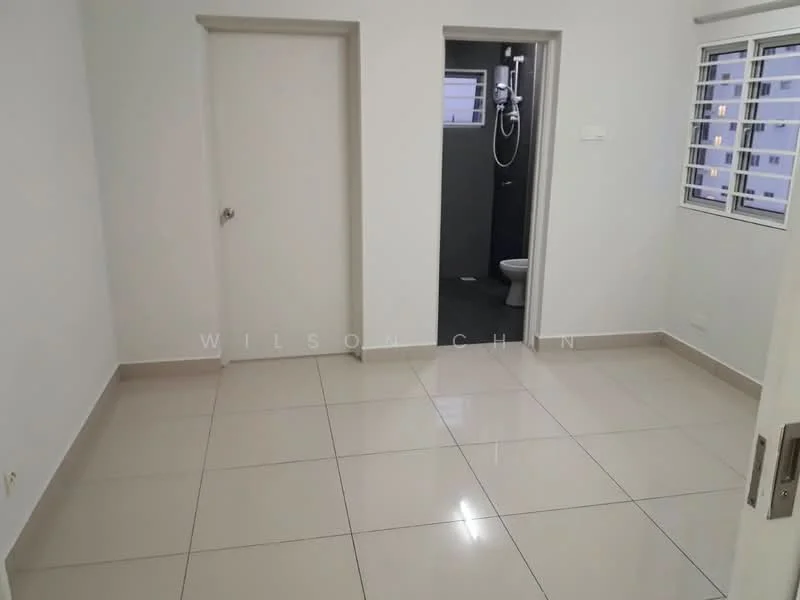 Room features: white painted walls, glossy ceramic tile flooring, two windows with horizontal blinds, door to bathroom, door to another room, shower head visible in bathroom, toilet visible in bathroom; style: modern.