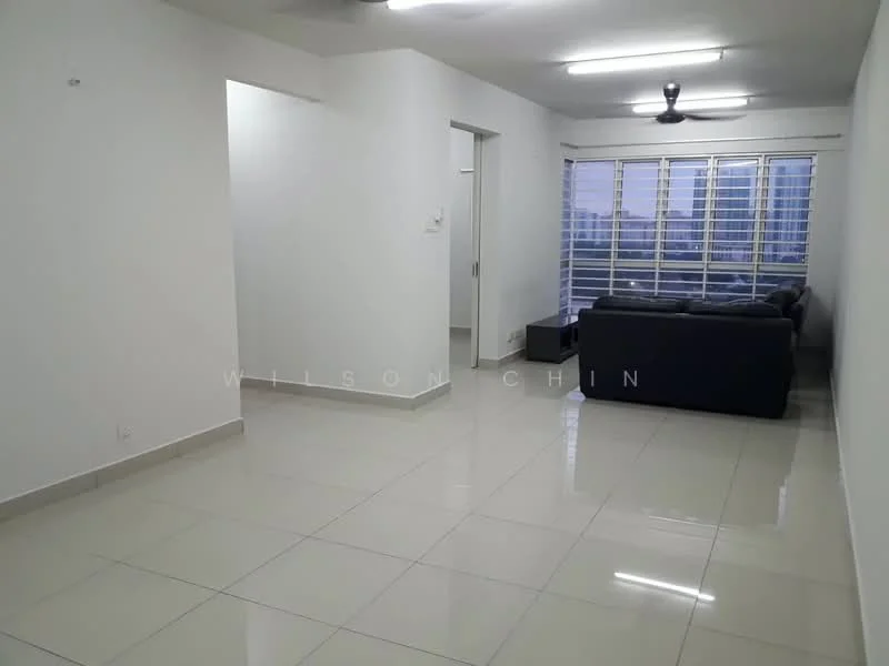 Living features: white painted walls, glossy ceramic tile flooring, 5-blade ceiling fan with light, large windows with horizontal blinds, black leather sofa, coffee table, TV console, area rug; style: modern; view: city. Room features: white painted walls, glossy ceramic tile flooring.