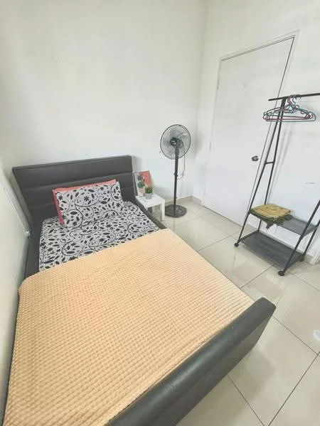 Bedroom features: queen-size bed with black leather headboard, bedding with patterned duvet cover, white walls, tile flooring, floor fan, clothing rack, small bedside table, door to hallway; style: minimalist.