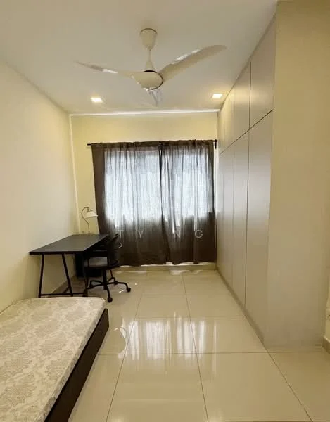 Bedroom features: single bed, study desk, black office chair, built-in wardrobe, white painted walls, glossy tile flooring, ceiling fan, floor-to-ceiling window with sheer curtains, natural light, LED recessed lighting; style: modern.