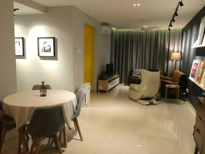 Dining features: round dining table, 4 upholstered dining chairs, tablecloth, decorative vase; style: modern. Living features: sofa in beige, accent chair in brown, coffee table, TV console, wall-mounted TV, floor lamp, curtains, decorative artwork; style: modern.
