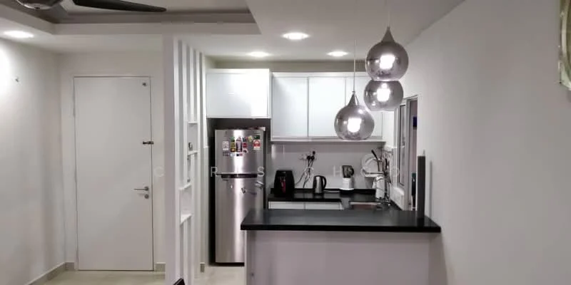 Kitchen features: white cabinetry, black countertop, stainless-steel fridge, built-in kettle, built-in coffee machine, stainless-steel sink, chrome pull-down faucet, 3 pendant lights, wall-mounted split AC, tile flooring, white walls, recessed downlights; style: modern. Room features: white painted walls, door to hallway.