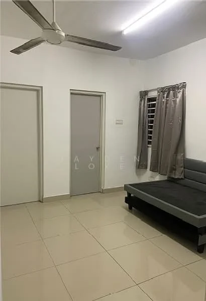 Room features: white painted walls, tile flooring, 5-blade ceiling fan, window with horizontal slats, grey curtains, grey upholstered sofa, two doors, light ceiling lights; style: modern.