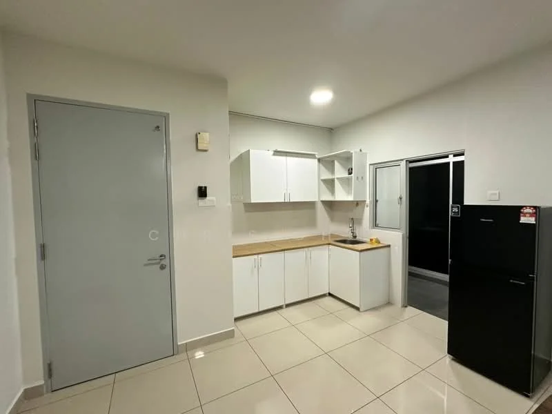 Kitchen features: white cabinetry, laminate countertop, stainless-steel sink, chrome pull-down faucet, built-in refrigerator in black, ceramic tile flooring, wall-mounted light fixture, window with sliding glass, door to hallway, open shelving; style: modern.