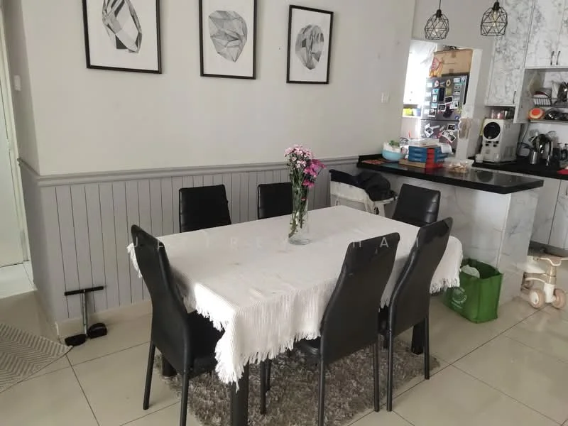 Dining features: 6-seater dining table, black dining chairs, white tablecloth, decorative vase with flowers, area rug, grey tiled flooring, wall-mounted artwork, wall paneling, open kitchen view; style: modern. Kitchen features: black countertop, kitchen appliances visible, white cabinetry, open shelving, refrigerator, microwave, coffee machine; style: modern.