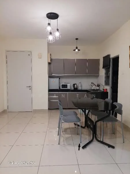 Kitchen features: grey cabinetry, black countertop, stainless-steel fridge, built-in oven, freestanding range oven, microwave, kettle, dishwasher, 4-seater dining table, grey dining chairs, white walls, tile flooring, pendant lighting; style: modern.