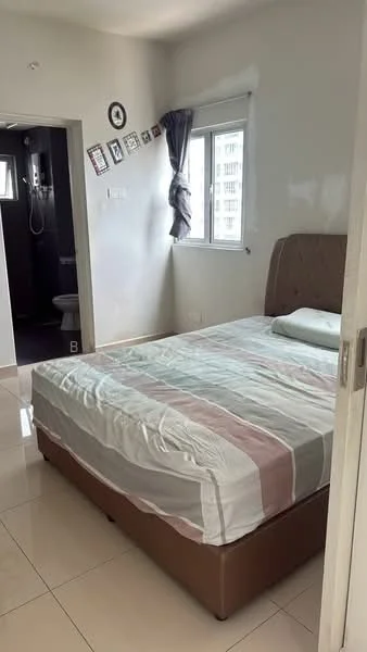 Bedroom features: queen-size bed with upholstered headboard, light grey bedding with striped pattern, cream painted walls, floor-to-ceiling window with sheer curtains, tile flooring, decorative photo frames on wall, built-in wardrobe, wall-mounted light fixture; style: modern. Bathroom features: toilet, shower with glass enclosure, dark tile walls, dark tile flooring.