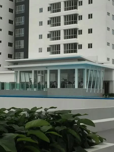Exterior type: mid-rise condominium; features: glass facade, white painted surface, balcony with glass railing, outdoor seating area, swimming pool in foreground, landscaped greenery, multiple storeys, large windows, modern architectural design; style: modern.