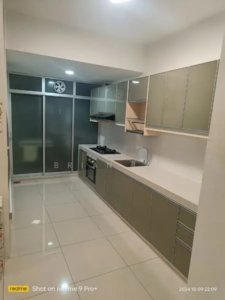 Kitchen features: grey cabinetry with flat-panel doors, white countertop, stainless-steel sink, chrome pull-down faucet, built-in gas stove, built-in oven, ceramic tile flooring, glass sliding door, wall-mounted range hood, recessed lighting, open shelving, white backsplash; style: modern.