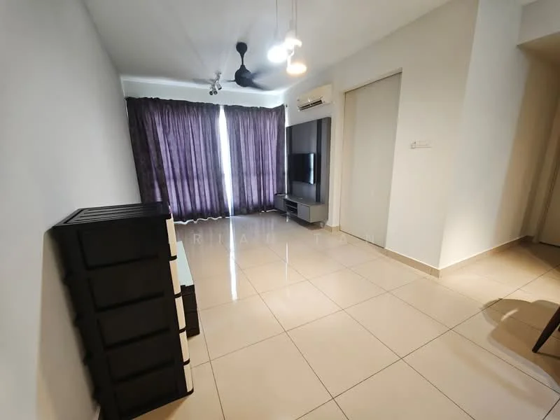 Living features: cream painted walls, glossy tile flooring, 5-blade ceiling fan with light, recessed downlights, floor-to-ceiling windows with sheer curtains, black TV console, wall-mounted TV, black storage cabinet; style: modern.