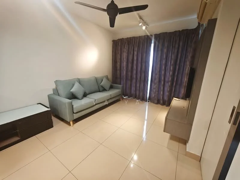 Living features: 3-seater fabric sofa in light blue, coffee table with dark wood finish, TV console with storage, wall-mounted TV, floor-to-ceiling windows, curtains in dark purple, recessed downlights, polished ceramic tile flooring, ceiling fan with light; style: modern.