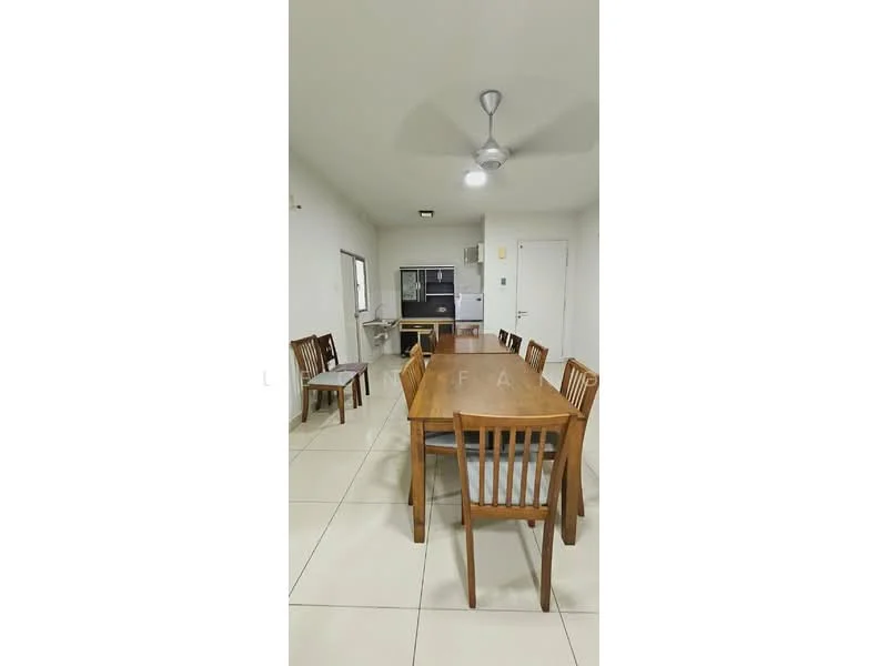 Dining features: wooden dining table, 8 wooden dining chairs, white painted walls, tile flooring, ceiling fan, recessed lighting, open layout to kitchen, wall-mounted TV, kitchen counter visible in background; style: modern.