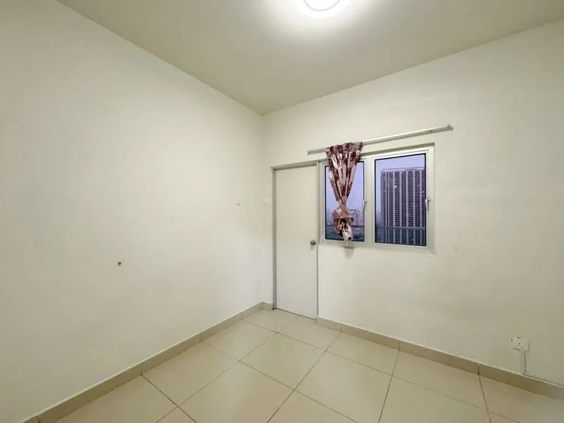 Room features: white painted walls, tile flooring, single window with city view, curtains, door, light fixture; view: city.