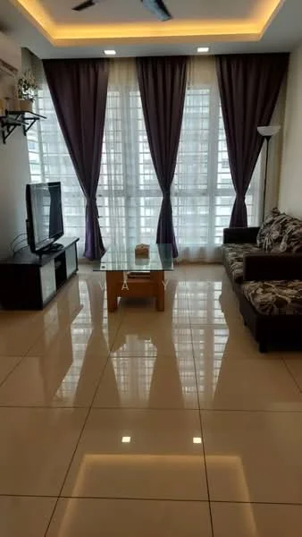Living features: floor-to-ceiling windows, purple curtains, 3-seater fabric sofa with floral pattern, glass coffee table, TV console, wall-mounted TV, recessed downlights, polished ceramic tile flooring, ceiling fan; style: modern; view: city.