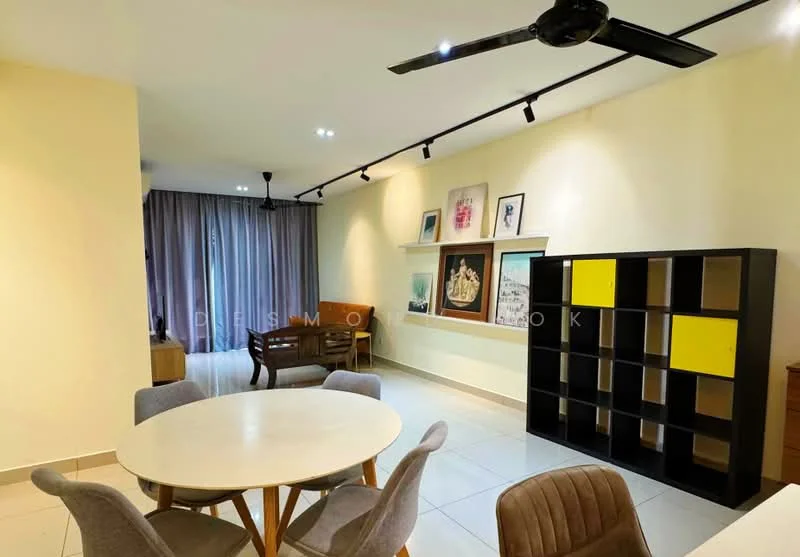 Living features: white painted walls, tile flooring, 5-blade ceiling fan with light, recessed LED downlights, large window with sheer curtains, round dining table, 4 upholstered dining chairs, black and yellow bookshelf, wooden side table, framed artwork on walls, decorative wall art, light grey area rug; style: modern.