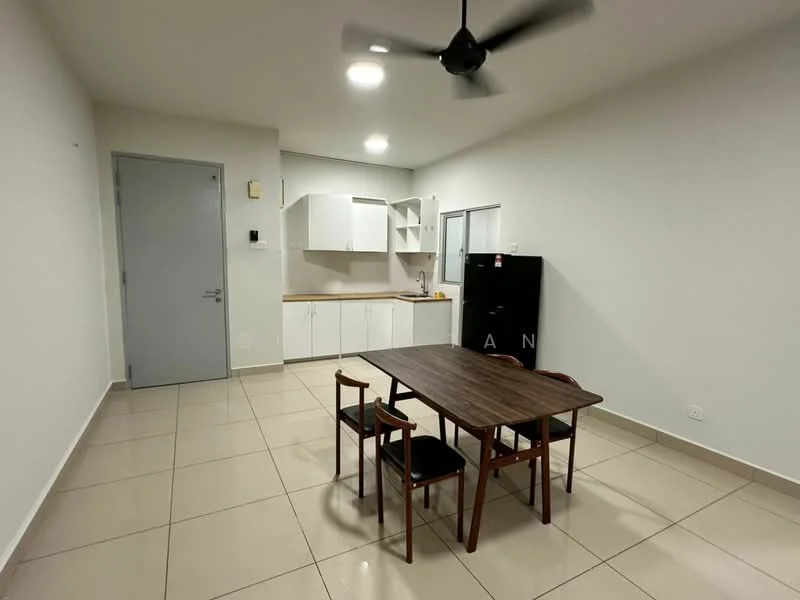 Dining features: table with four chairs, white cabinets, wood countertop, black fridge, kitchen sink, wall-mounted light fixtures, ceiling fan, cream tiled flooring, white painted walls; style: modern.
