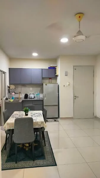 Kitchen features: grey cabinetry, stainless-steel fridge, built-in oven, ceramic tile flooring, 5-blade ceiling fan with light, dining table with 4 chairs, white walls, recessed downlights, kettle, toaster, sink, dishwasher; style: modern.