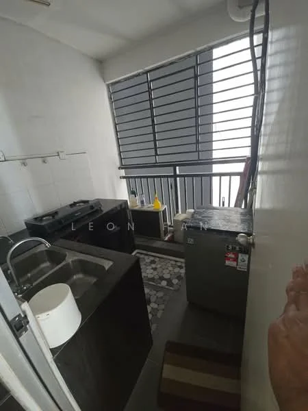 Laundry features: single-bowl stainless-steel sink, black countertop, built-in cabinets, washing machine, grey tiled flooring, window with horizontal slats, balcony access, decorative rug; style: modern; view: city.