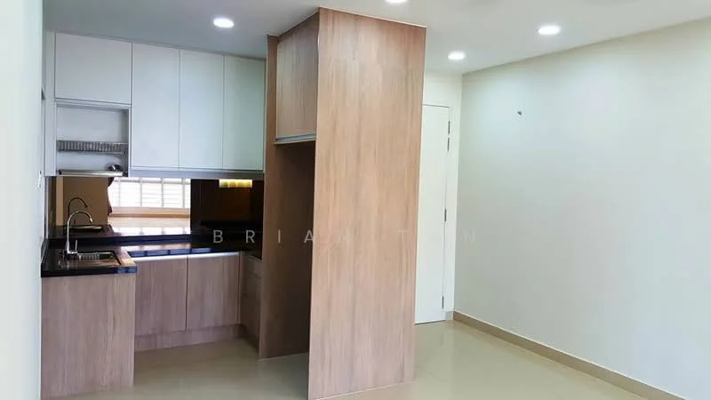 Kitchen features: black granite countertop, wood cabinetry, stainless-steel sink, chrome pull-down faucet, built-in oven, ceramic tile flooring, recessed downlights, white painted walls, open shelving, kitchen island, wall-mounted cabinets; style: modern.