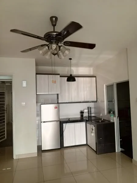 Kitchen features: stainless-steel fridge, black countertop, white cabinetry with flat-panel design, single-bowl stainless-steel sink, chrome pull-down faucet, 4-blade ceiling fan with light, pendant light above countertop, ceramic tile flooring, wall-mounted cabinets, open shelving, window with glass door, kitchen utensils on countertop; style: modern.