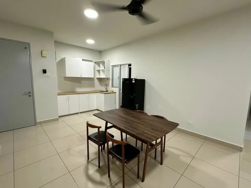 Dining features: square dining table with wooden surface, 4 dining chairs with wooden legs, white cabinetry with flat-panel doors, black refrigerator, stainless-steel sink, chrome pull-down faucet, kitchen countertop in light wood, ceramic tile flooring, white painted walls, ceiling light fixtures, ceiling fan, open shelving above countertop; style: modern.