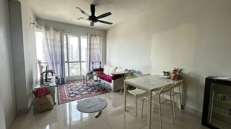 Living features: white painted walls, glossy tile flooring, 5-blade ceiling fan, sofa in white fabric, red accent cushions, coffee table, area rug with geometric pattern, dining table with four chairs, floor-to-ceiling windows, sheer curtains, decorative items on table, small shelving unit; style: modern; view: city.