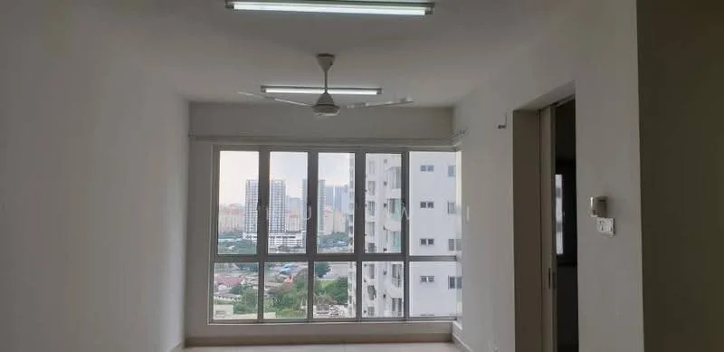 Living features: white painted walls, tile flooring, 5-blade ceiling fan with light, floor-to-ceiling windows, city view, roller blinds, LED ceiling lights; style: modern; view: city.