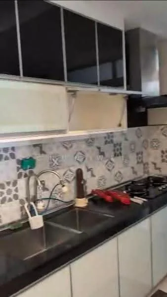 Kitchen features: black granite countertop, white cabinetry with upper glass-front cabinets, stainless-steel sink, chrome pull-down faucet, built-in gas stove, decorative patterned backsplash, kitchen utensils on countertop, wall-mounted range hood; style: modern.