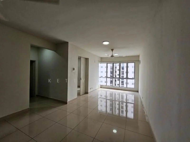 Living features: white painted walls, glossy ceramic tile flooring, recessed downlights, 5-blade ceiling fan, floor-to-ceiling windows, city view, neutral colour scheme, open layout; style: modern; view: city.