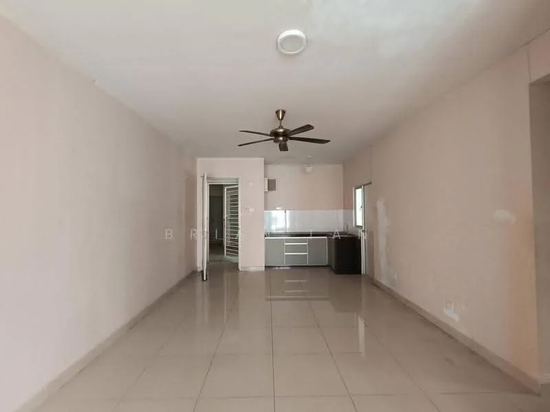 Living features: cream painted walls, glossy tile flooring, 5-blade ceiling fan, large window, open layout, recessed lighting, neutral color scheme, kitchenette area visible; style: modern.