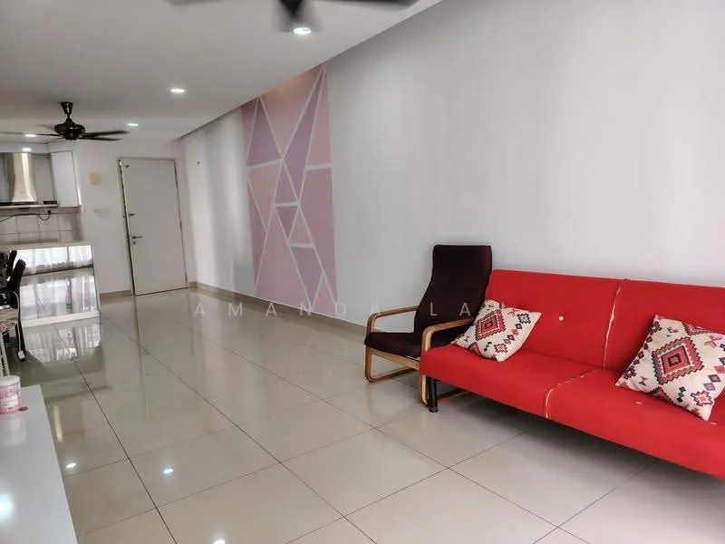Living features: red fabric sofa, wooden armchair, geometric patterned cushions, white painted walls, glossy tile flooring, ceiling fan, recessed lighting, decorative wall with geometric design, open layout to kitchen, dining area visible in background; style: modern.