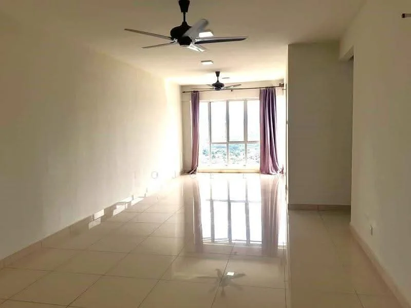 Living features: white painted walls, glossy ceramic tile flooring, 2 ceiling fans, floor-to-ceiling windows, sheer curtains, natural light, city view, neutral color scheme; style: modern; view: city.