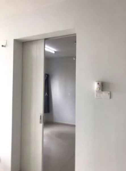 Room features: white painted walls, light grey flooring, sliding door, ceiling lights, curtains, door frame, switch panel; style: modern.