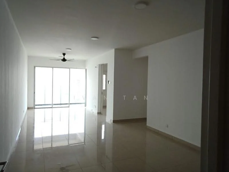 Living features: white painted walls, glossy beige tile flooring, 5-blade ceiling fan, floor-to-ceiling sliding glass door, natural light from sliding door, recessed ceiling lights, open layout, no visible furniture; style: modern.
