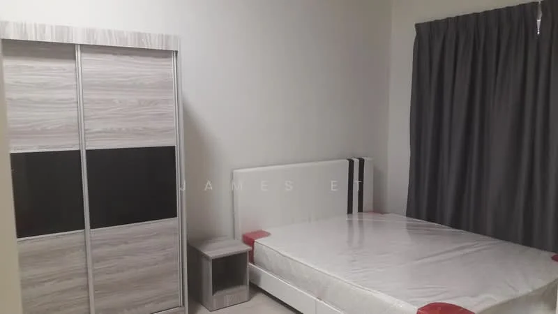 Bedroom features: queen-size bed, upholstered headboard, built-in wardrobe with sliding doors, nightstand, grey curtains, white walls, laminate flooring, decorative wall paneling; style: modern.