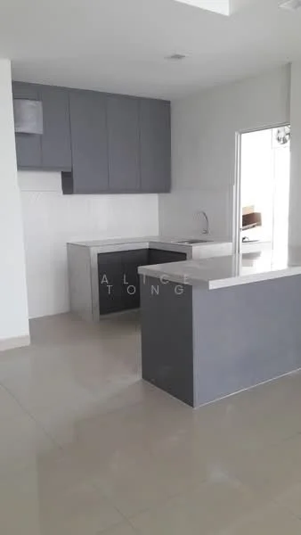 Kitchen features: grey cabinetry, white countertop, single-bowl stainless-steel sink, chrome pull-down faucet, built-in oven, freestanding range oven, ceramic tile flooring, white painted walls, recessed downlights, open layout, kitchen island; style: modern.
