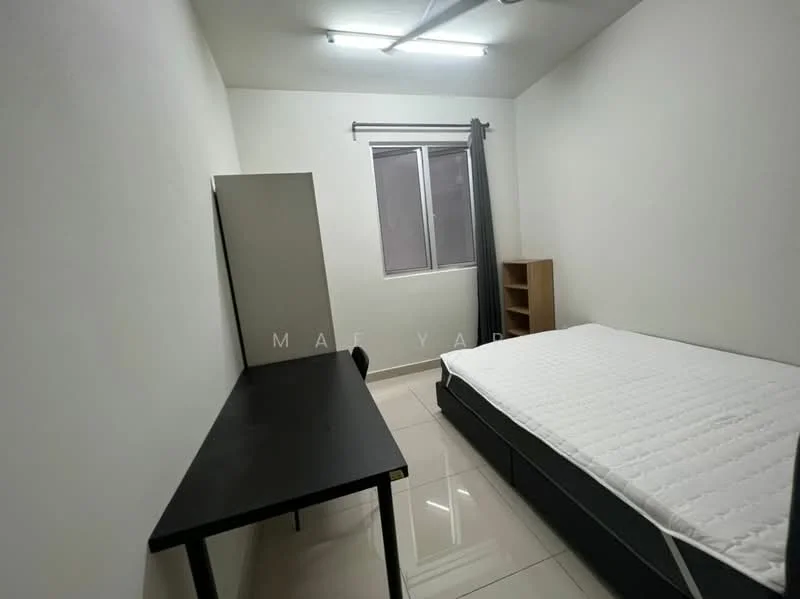 Bedroom features: white painted walls, glossy tile flooring, single bed frame, mattress without bedding, desk with black surface, wooden bookshelf, window with curtain, fluorescent ceiling lights; style: minimalist.