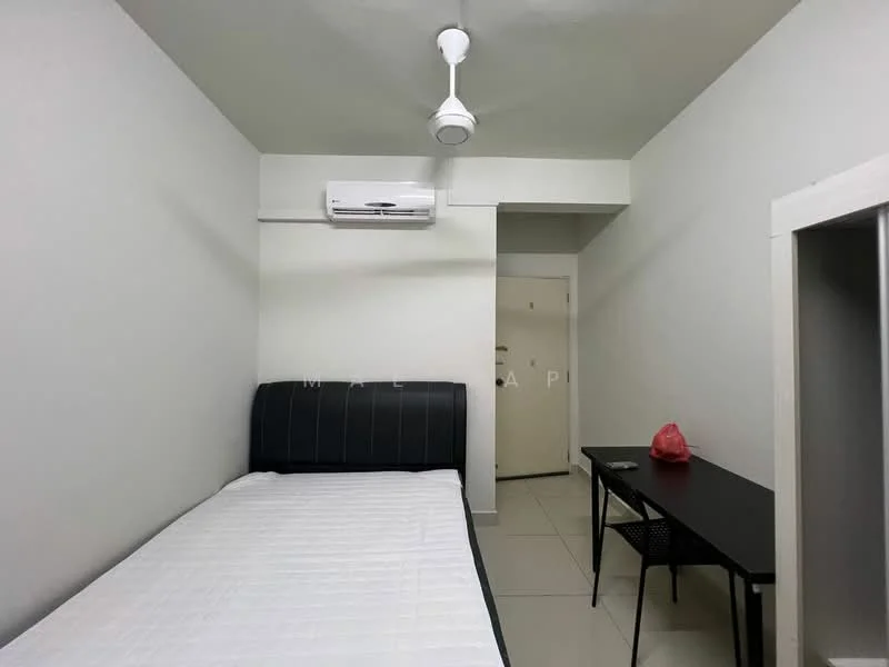 Bedroom features: single bed, black upholstered headboard, white bedding, 1 wall-mounted split AC, ceiling fan, white painted walls, tile flooring, black study desk, 2 black chairs, door to hallway, window with no visible treatment; style: minimalist.