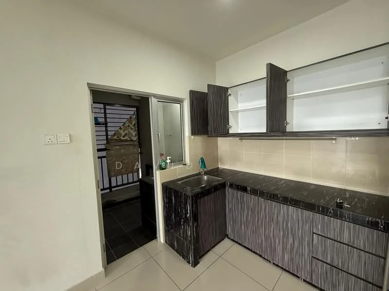 Kitchen features: black granite countertop, dark wood cabinetry, stainless-steel sink, single-bowl sink, chrome faucet, wall-mounted shelves, cream tiled backsplash, ceramic tile flooring, recessed lighting, open shelving, kitchen window, doorway to hallway; style: modern.