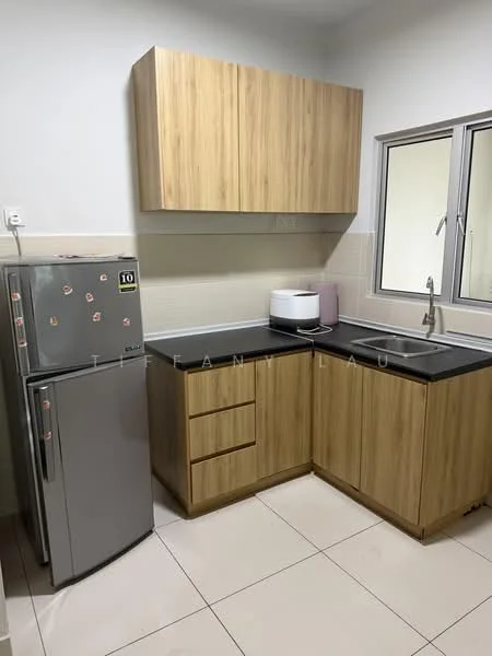 Kitchen features: wood cabinetry with natural finish, black countertop, stainless-steel fridge, single-bowl stainless-steel sink, chrome pull-down faucet, built-in microwave, tile backsplash, white walls, ceramic tile flooring, window with white frame; style: modern.