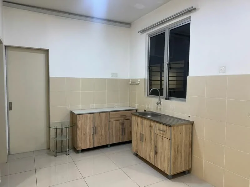 Kitchen features: light wood cabinetry, stainless-steel sink, chrome faucet, grey countertop, white tiled walls, cream tiled backsplash, floor-to-ceiling window, ceramic tile flooring, open shelving, glass table, wall-mounted cabinet; style: modern.