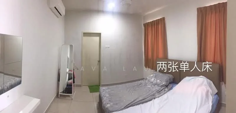 Bedroom features: two single beds with bedding, mirror wardrobe, white painted walls, cream tiled flooring, 1 wall-mounted split AC, 2 windows with orange curtains, ceiling fan, dressing table, green carpet, door leading to hallway.