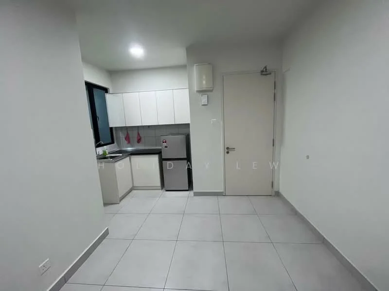 Kitchen features: white cabinetry, grey countertop, stainless-steel fridge, built-in oven, single-bowl stainless-steel sink, chrome pull-down faucet, tile flooring, window with black frame, light fixture, red kitchen accessories; style: modern. Room features: white painted walls, grey tile flooring, door to hallway.